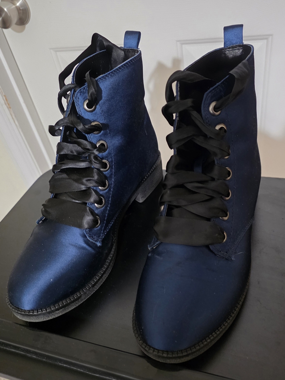Dirty Laundry Navy Satin Lace-Up Ankle Boots with Black Trim